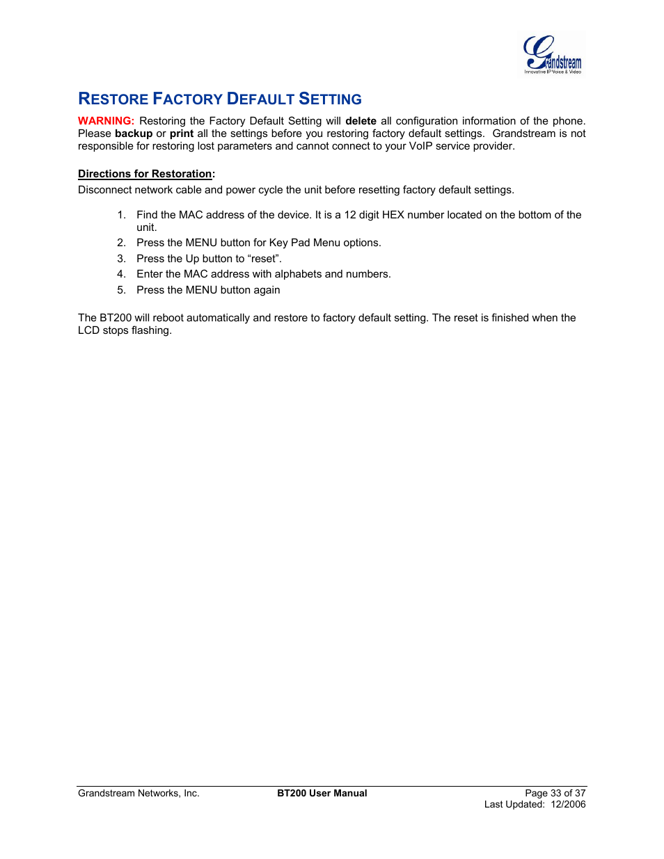 Restore factory default setting | Grandstream Networks DUAL ETHERNET PORT BT200 User Manual | Page 33 / 37
