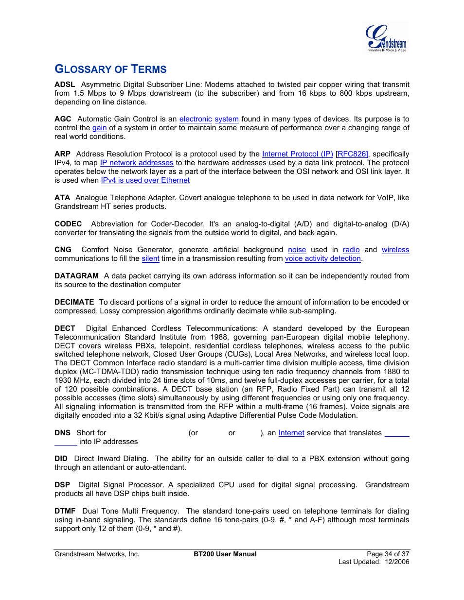 Glossary of terms, Lossary of, Erms | Grandstream Networks DUAL ETHERNET PORT BT200 User Manual | Page 34 / 37