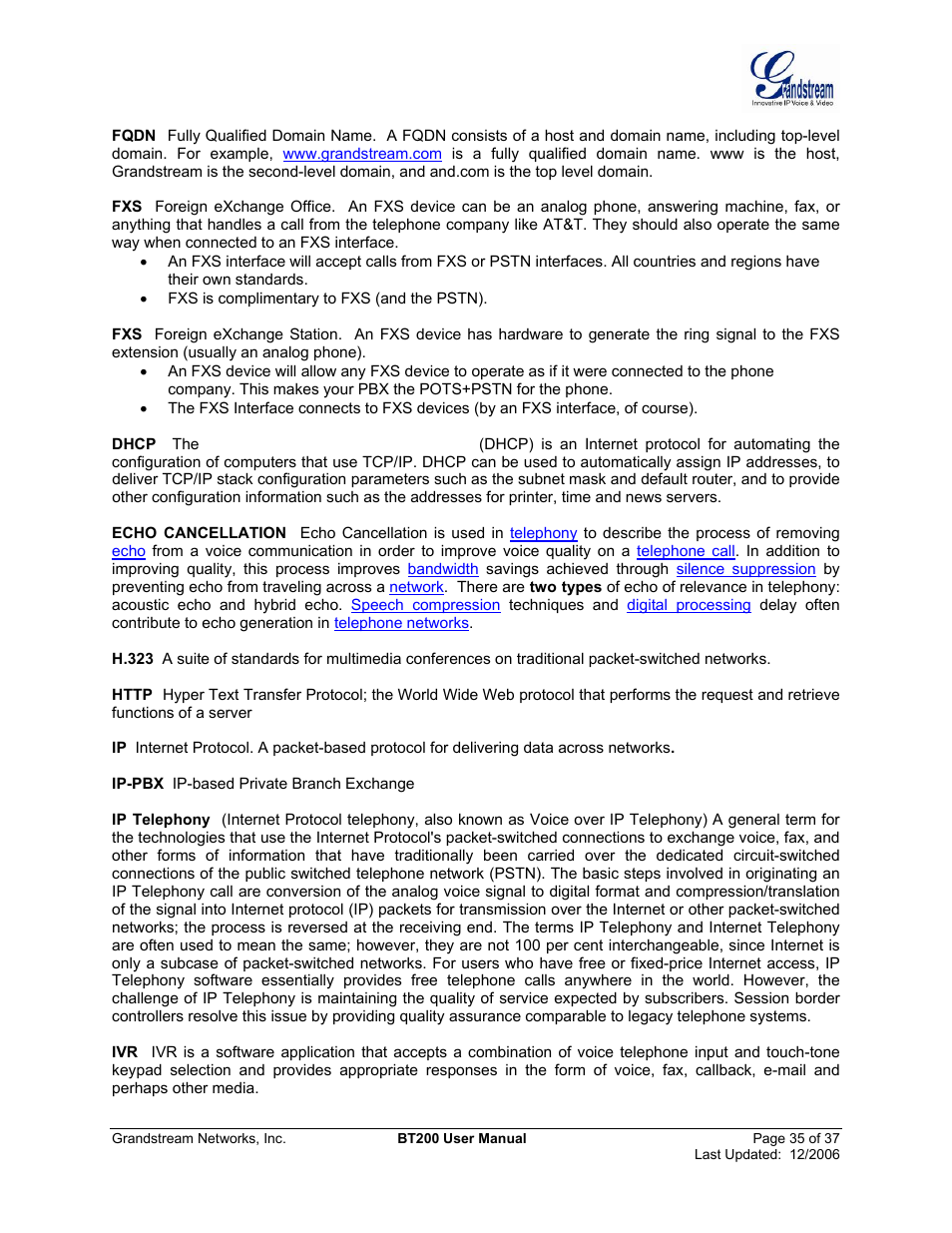 Grandstream Networks DUAL ETHERNET PORT BT200 User Manual | Page 35 / 37
