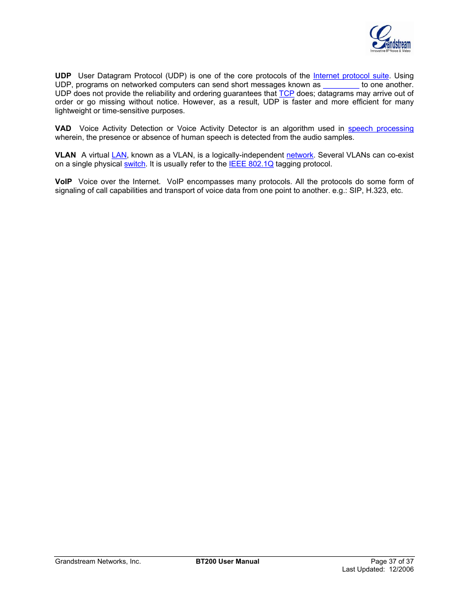 Grandstream Networks DUAL ETHERNET PORT BT200 User Manual | Page 37 / 37