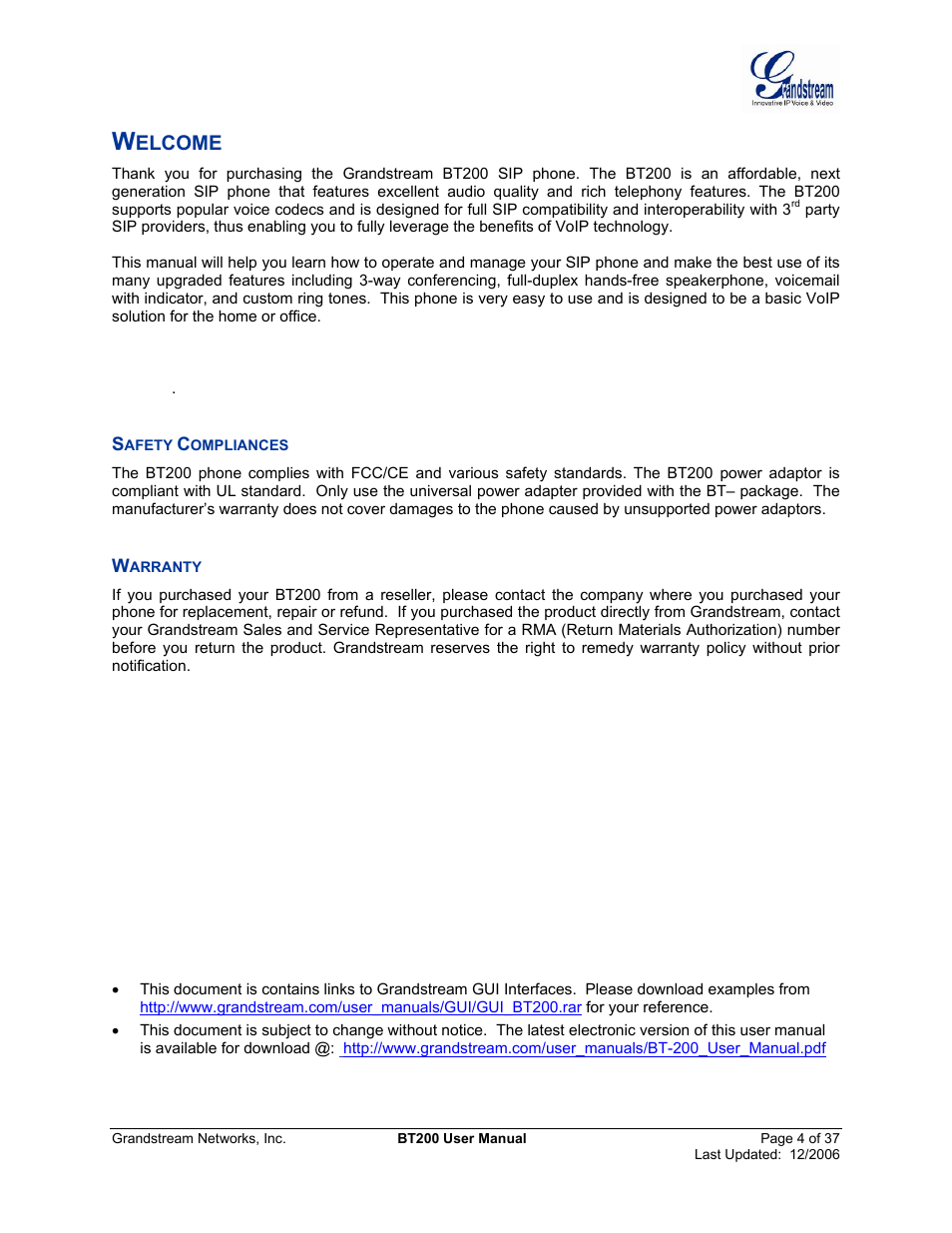 Welcome, Afety, Ompliances | Arranty, Elcome | Grandstream Networks DUAL ETHERNET PORT BT200 User Manual | Page 4 / 37
