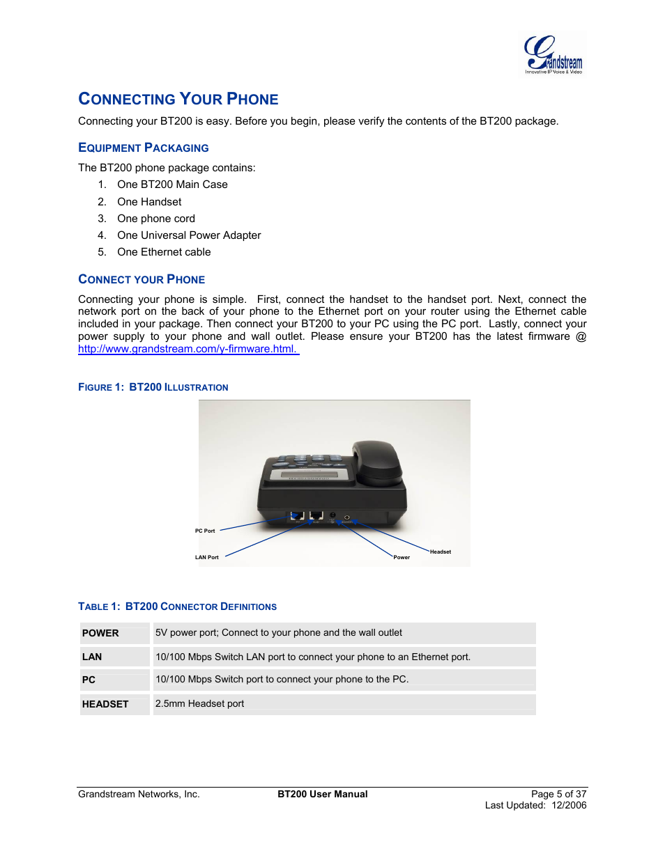 Connecting your phone, Quipment, Ackaging | Onnect your, Hone, Igure, Bt200, Llustration, Onnecting | Grandstream Networks DUAL ETHERNET PORT BT200 User Manual | Page 5 / 37