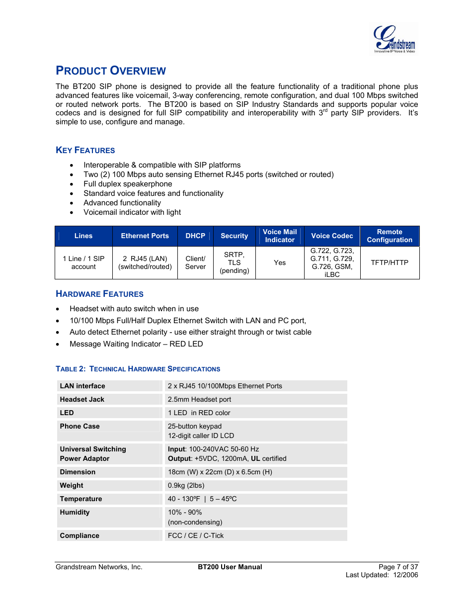 Product overview, Eatures, Ardware | Able, Echnical, Pecifications, Roduct, Verview | Grandstream Networks DUAL ETHERNET PORT BT200 User Manual | Page 7 / 37