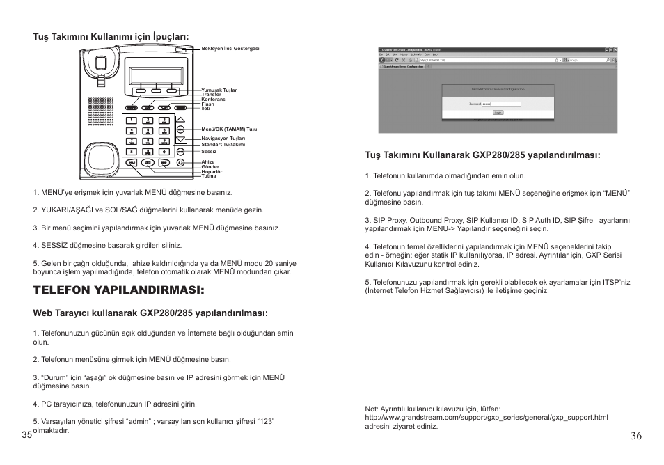 Telefon yapilandirmasi, Tuş takımını kullanımı için ipuçları | Grandstream Networks GXP285 User Manual | Page 19 / 19