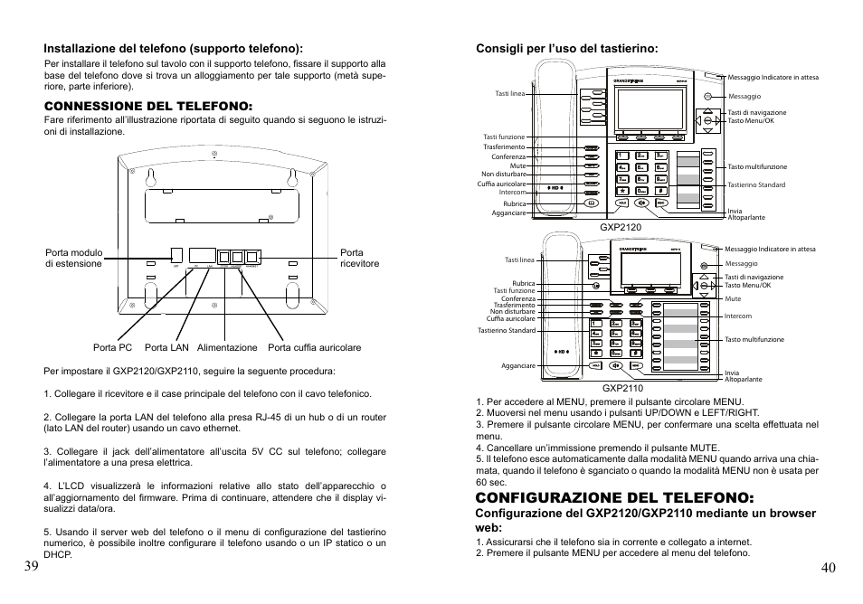 Configurazione del telefono, Installazione del telefono (supporto telefono), Connessione del telefono | Consigli per l’uso del tastierino | Grandstream Networks GXP2110 User Manual | Page 22 / 27