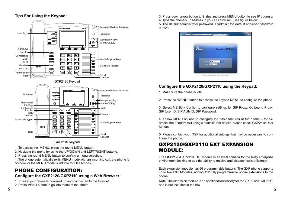 Phone configuration, Tips for using the keypad | Grandstream Networks GXP2110 User Manual | Page 5 / 27