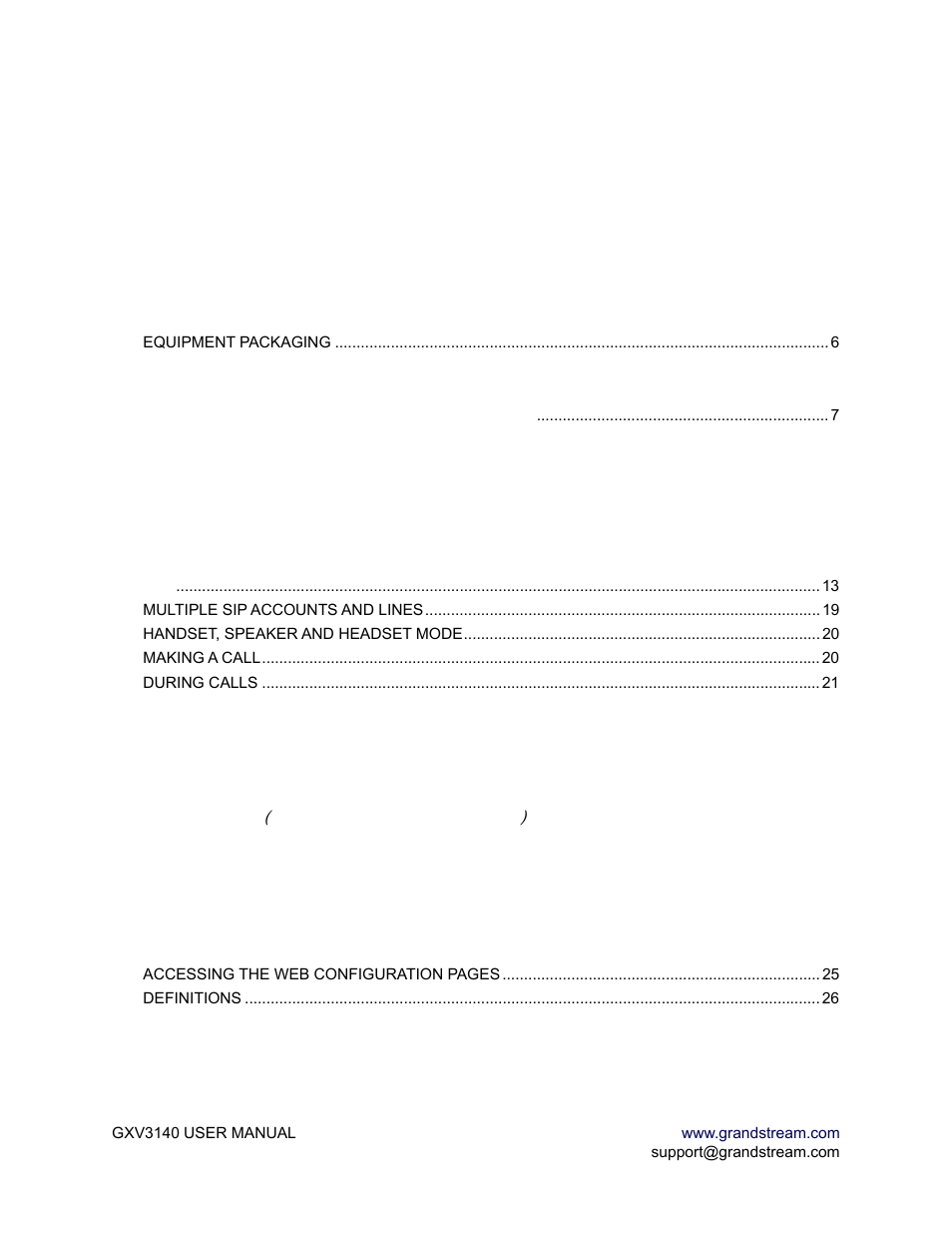 Gxv3140 user manual index, Welcome, Installation | Product overview, Using the gxv3140 ip multimedia phone, Call features, Gxv3140 web configuration interface | Grandstream Networks GXV3140 User Manual | Page 2 / 81