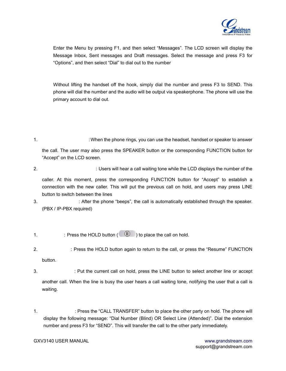 During calls, Answering calls, Call hold/waiting | Call transfer | Grandstream Networks GXV3140 User Manual | Page 21 / 81