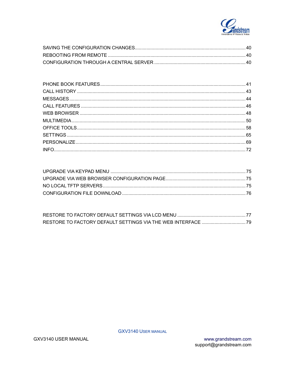 Lcd menu and features, Software version upgrade, Restore factory default settings | Experiencing the gxv3140 multimedia phone | Grandstream Networks GXV3140 User Manual | Page 3 / 81