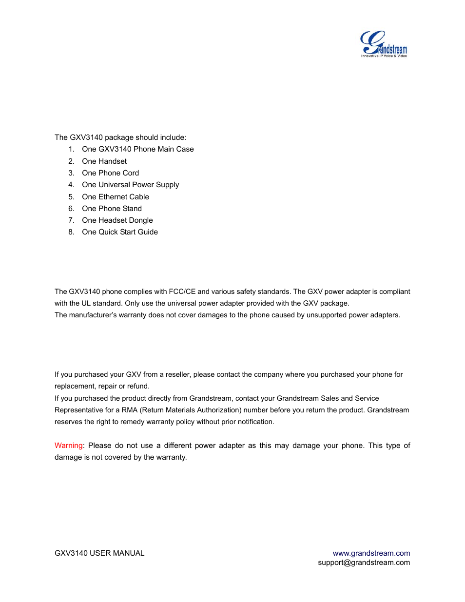 Installation, Equipment packaging, Safety compliances | Warranty | Grandstream Networks GXV3140 User Manual | Page 6 / 81