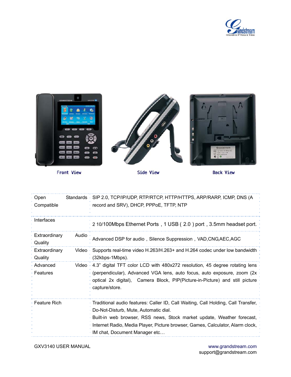 Product overview, Figure 4: front, side and back view of gxv3140, Table 2: gxv key features at a glance | Grandstream Networks GXV3140 User Manual | Page 9 / 81