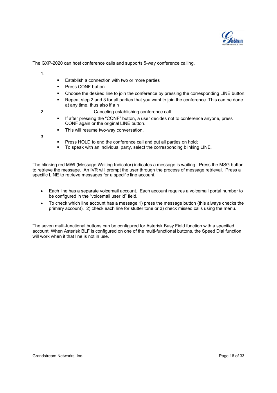 Grandstream Networks GXP-2020 User Manual | Page 18 / 33
