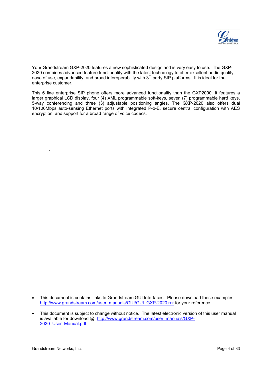 Welcome | Grandstream Networks GXP-2020 User Manual | Page 4 / 33