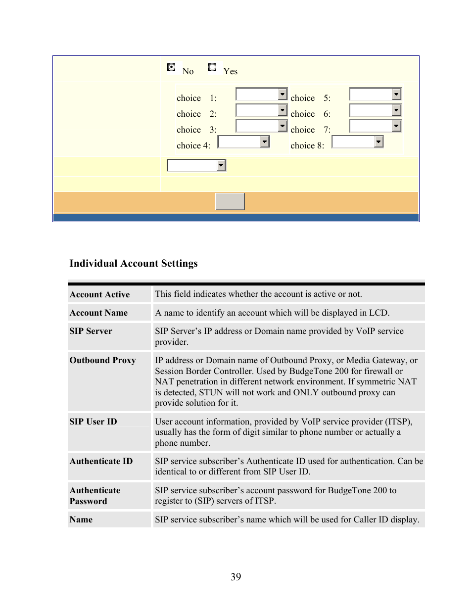 Individual account settings | Grandstream Networks Grandstream BudgeTone 200 User Manual | Page 39 / 54