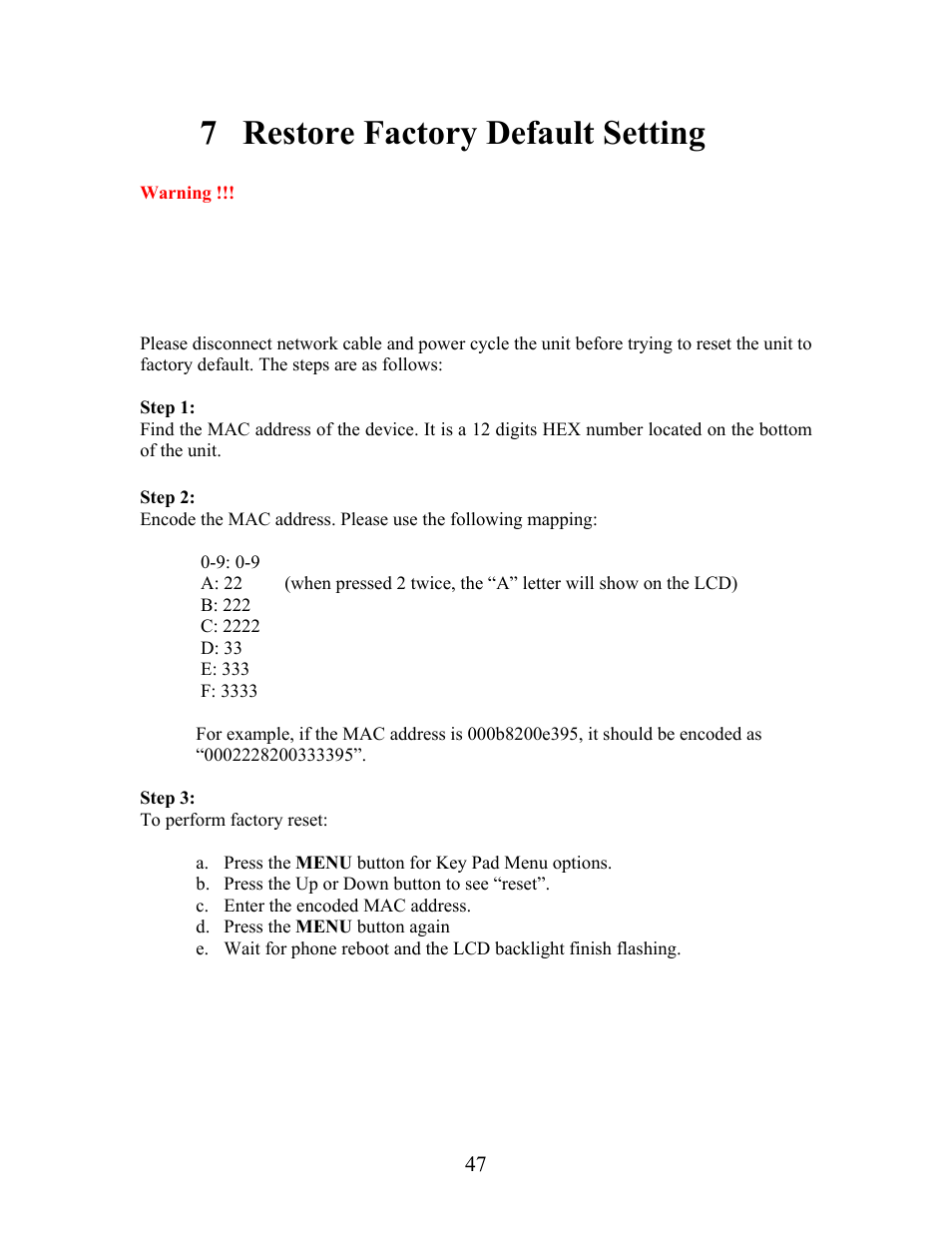 7 restore factory default setting | Grandstream Networks Grandstream BudgeTone 200 User Manual | Page 47 / 54