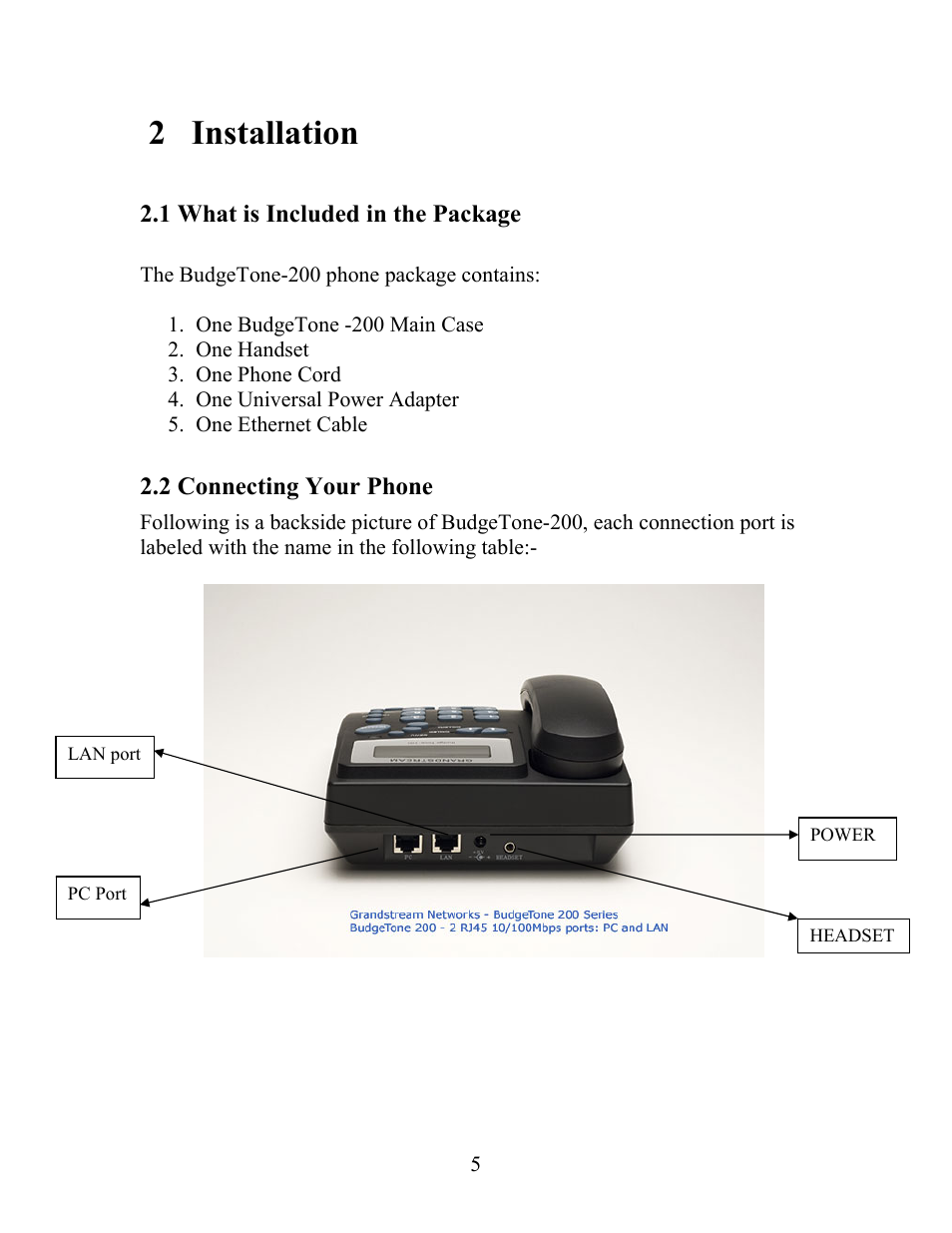 2 installation | Grandstream Networks Grandstream BudgeTone 200 User Manual | Page 5 / 54