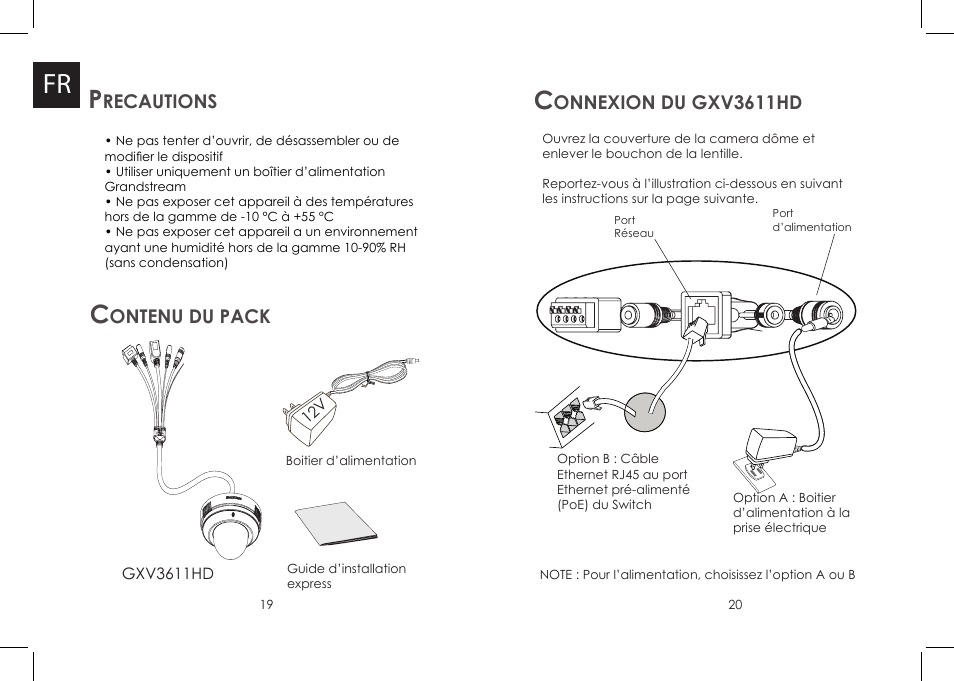 Recautions, Ontenu du pack, Onnexion du gxv3611hd | Grandstream Networks GXV 3611HD User Manual | Page 11 / 15