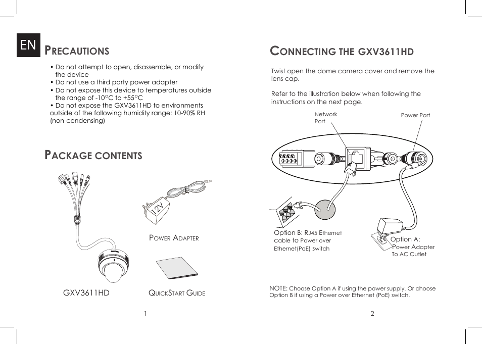 Recautions, Ackage contents, Onnecting the | Gxv3611hd | Grandstream Networks GXV 3611HD User Manual | Page 2 / 15