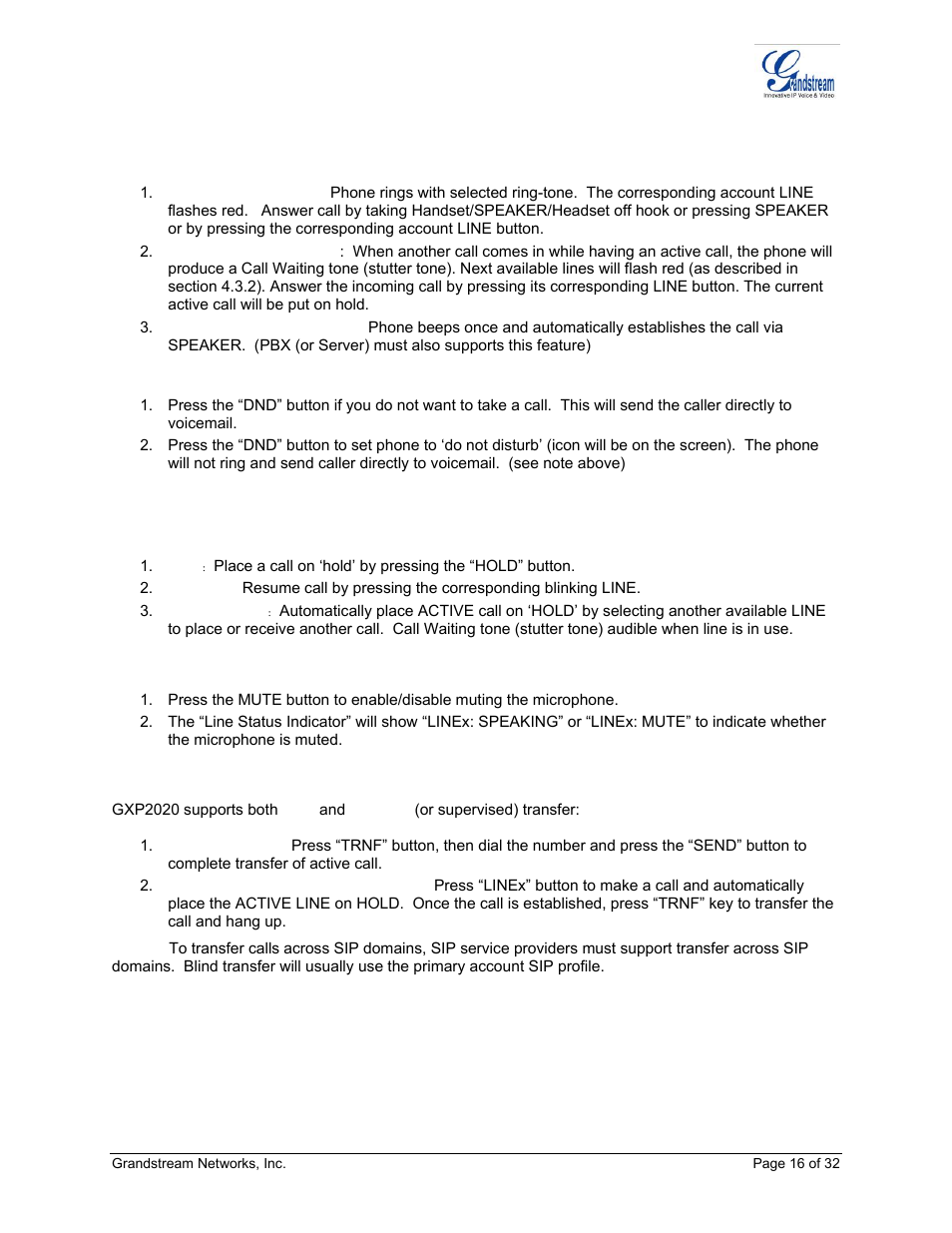 Nswering, Hone, Alls | Receiving calls, Do not disturb, Unctions, Uring a, Call waiting/ call hold, Mute/delete, Call transfer | Grandstream Networks ADAPTER GXP2020 User Manual | Page 16 / 32