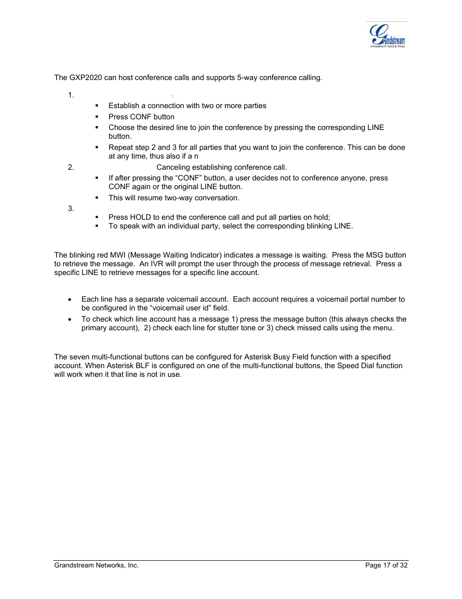 Way conferencing, Check voice messages (message waiting indicator), Asterisk busy lamp field | Grandstream Networks ADAPTER GXP2020 User Manual | Page 17 / 32
