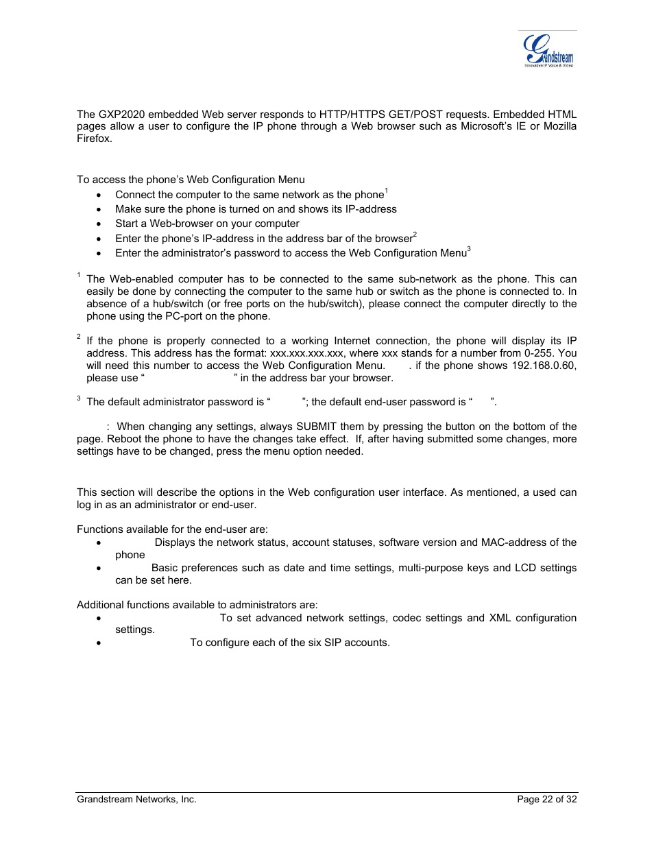 Onfiguration with, Rowser, Access the web configuration menu | Definitions | Grandstream Networks ADAPTER GXP2020 User Manual | Page 22 / 32