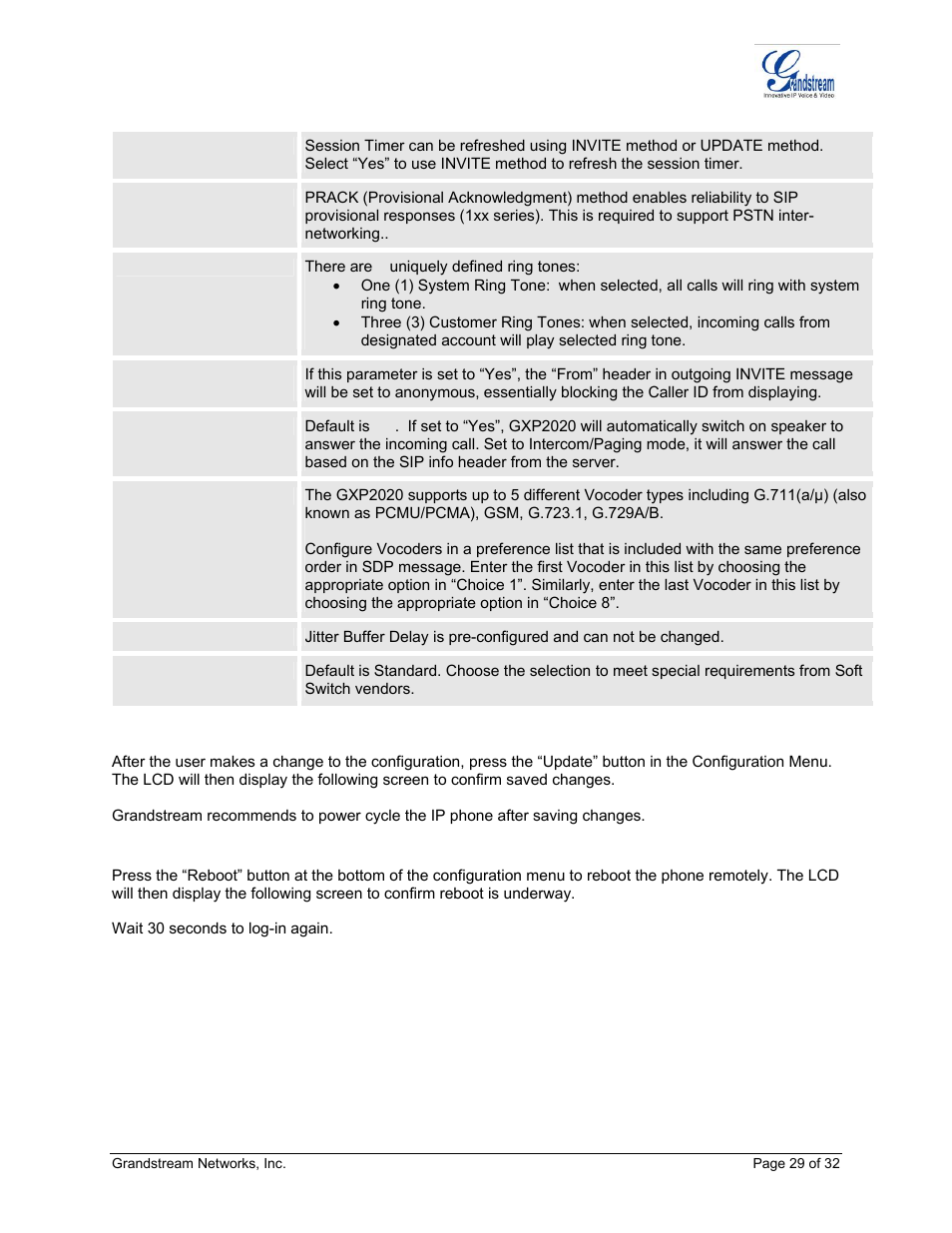 Saving the configuration changes, Rebooting the phone remotely | Grandstream Networks ADAPTER GXP2020 User Manual | Page 29 / 32
