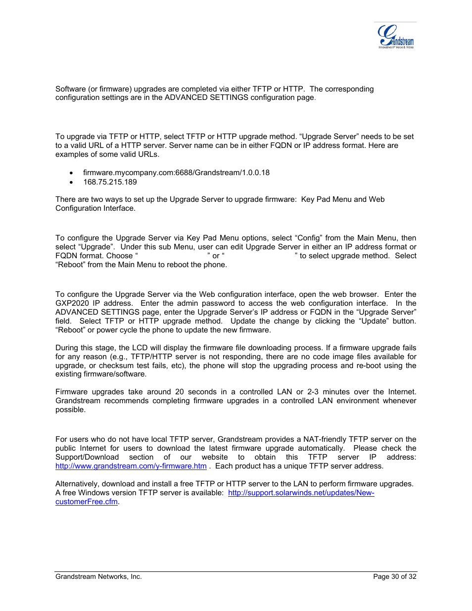Software upgrade & customization, Irmware, Pgrade through | Tftp/http, Key pad menu, Web configuration interface, No local tftp server | Grandstream Networks ADAPTER GXP2020 User Manual | Page 30 / 32