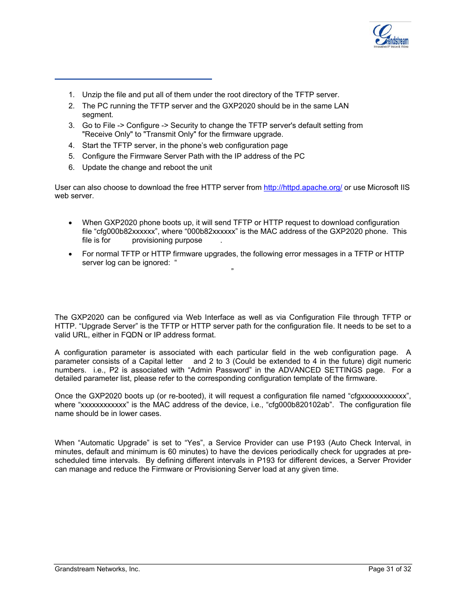 Onfiguration, Ownload, Managing firmware and configuration file download | Grandstream Networks ADAPTER GXP2020 User Manual | Page 31 / 32