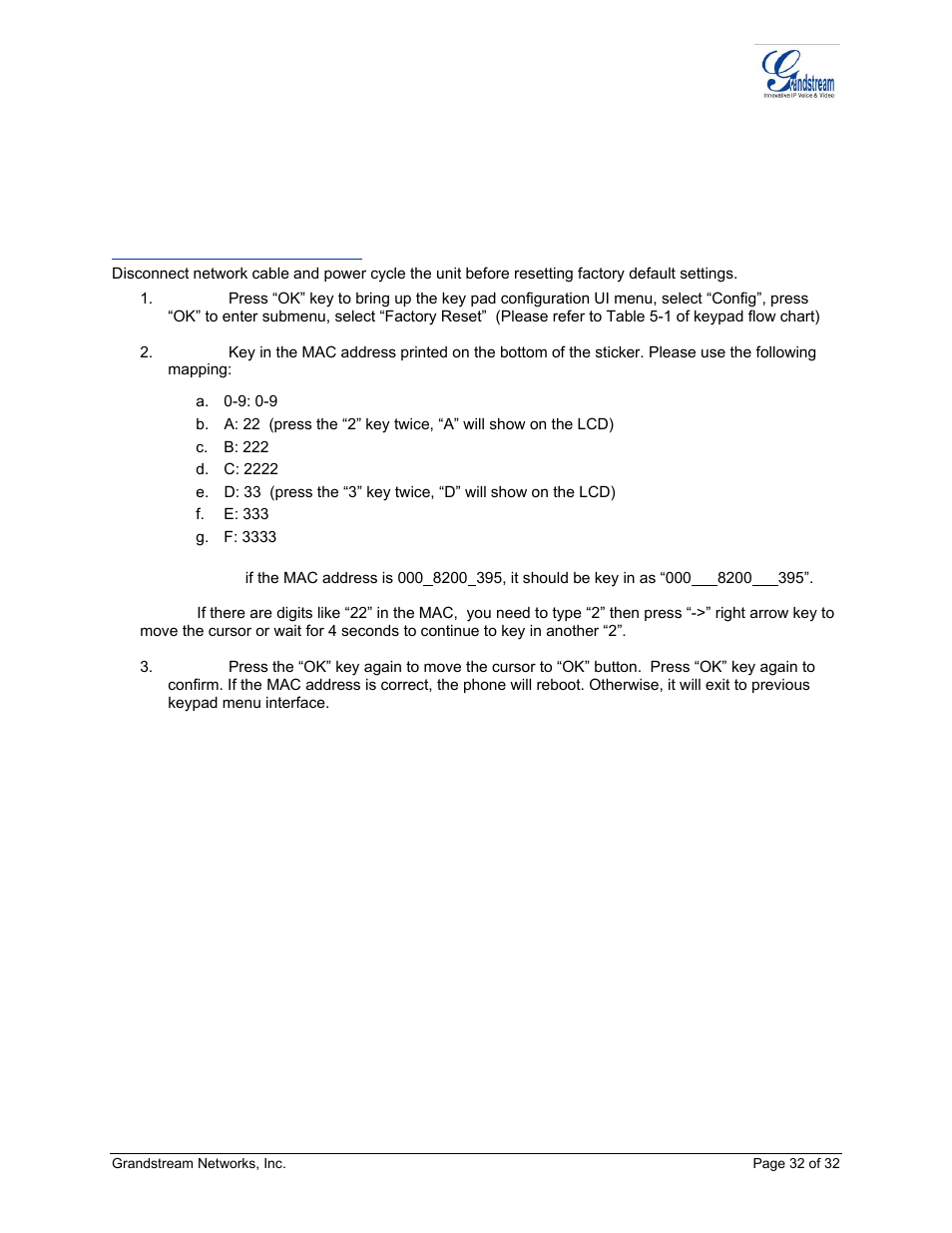 Restore factory default setting | Grandstream Networks ADAPTER GXP2020 User Manual | Page 32 / 32