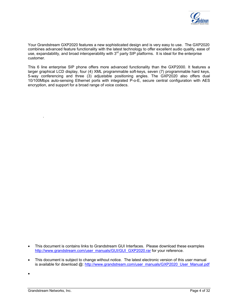Welcome | Grandstream Networks ADAPTER GXP2020 User Manual | Page 4 / 32