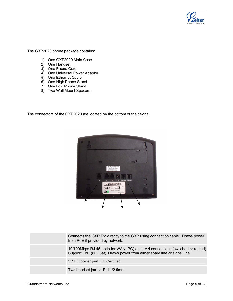 Installation, Equipment packaging, Connecting your phone | Quipment, Ackaging, Onnecting, Hone, Igure, Onnectors on the bottom of the, Gxp2020 | Grandstream Networks ADAPTER GXP2020 User Manual | Page 5 / 32