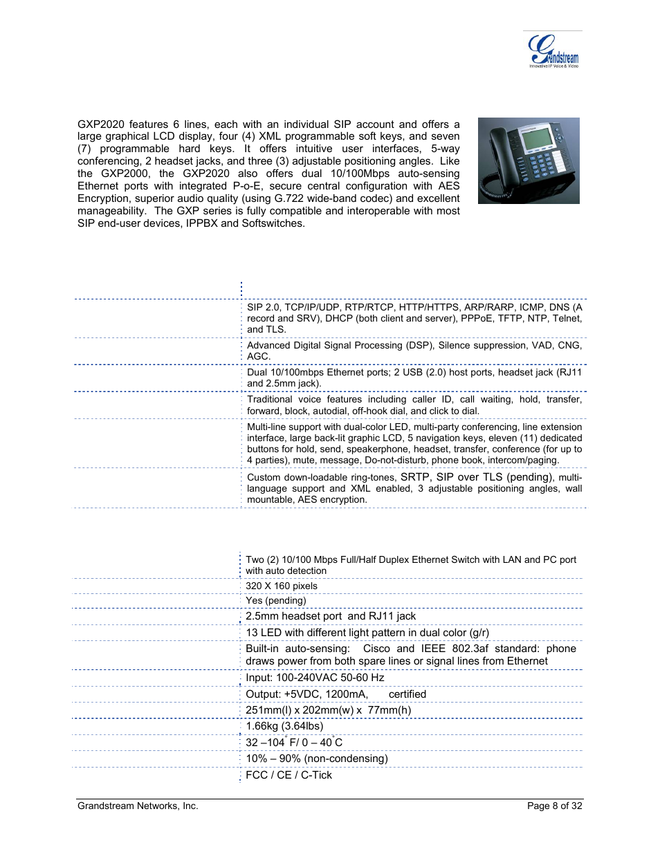 Product overview, Able, Gxp2020 | Eatures in a, Lance, Ardware, Pecifications, Features benefits | Grandstream Networks ADAPTER GXP2020 User Manual | Page 8 / 32