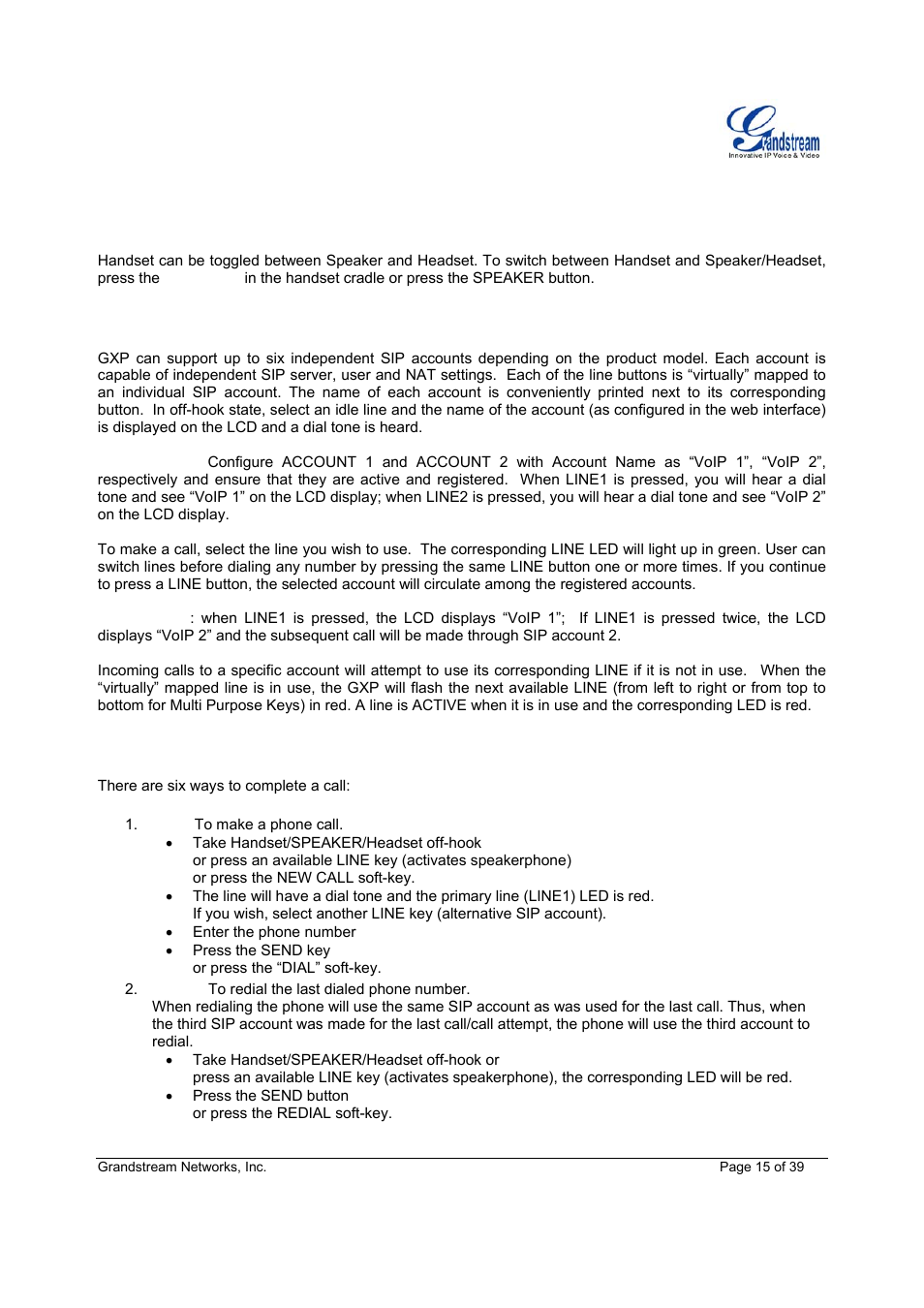 Handset, speakerphone and headset mode, Multiple sip accounts and lines, Completing calls | Grandstream Networks Grandstream GXP-1200 User Manual | Page 15 / 39