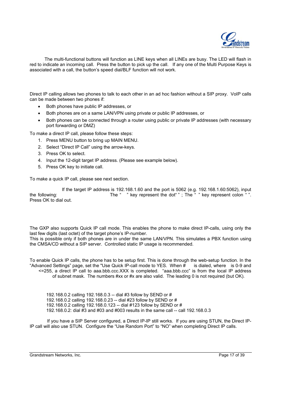Making calls using ip addresses | Grandstream Networks Grandstream GXP-1200 User Manual | Page 17 / 39