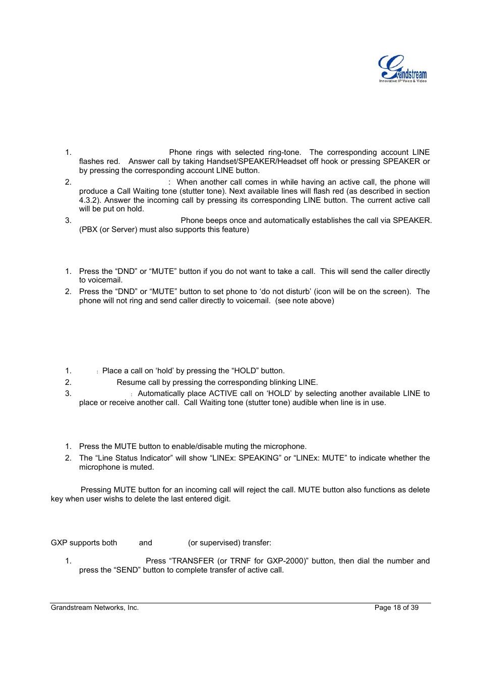 Receiving calls, Do not disturb, Call waiting/ call hold | Mute/delete, Call transfer | Grandstream Networks Grandstream GXP-1200 User Manual | Page 18 / 39