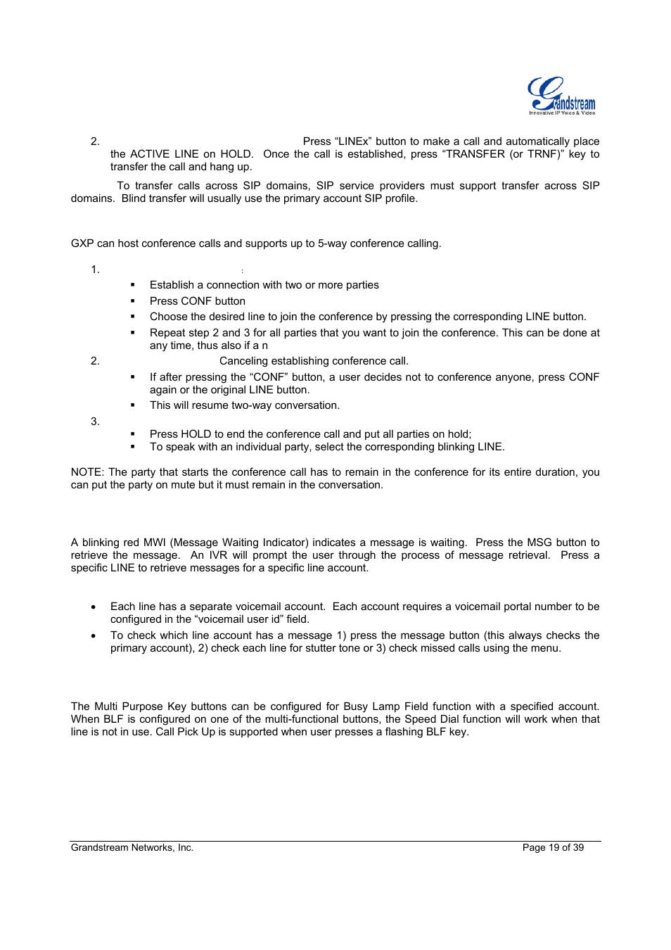 Way conferencing, Voice messages (message waiting indicator), Busy lamp field | Grandstream Networks Grandstream GXP-1200 User Manual | Page 19 / 39