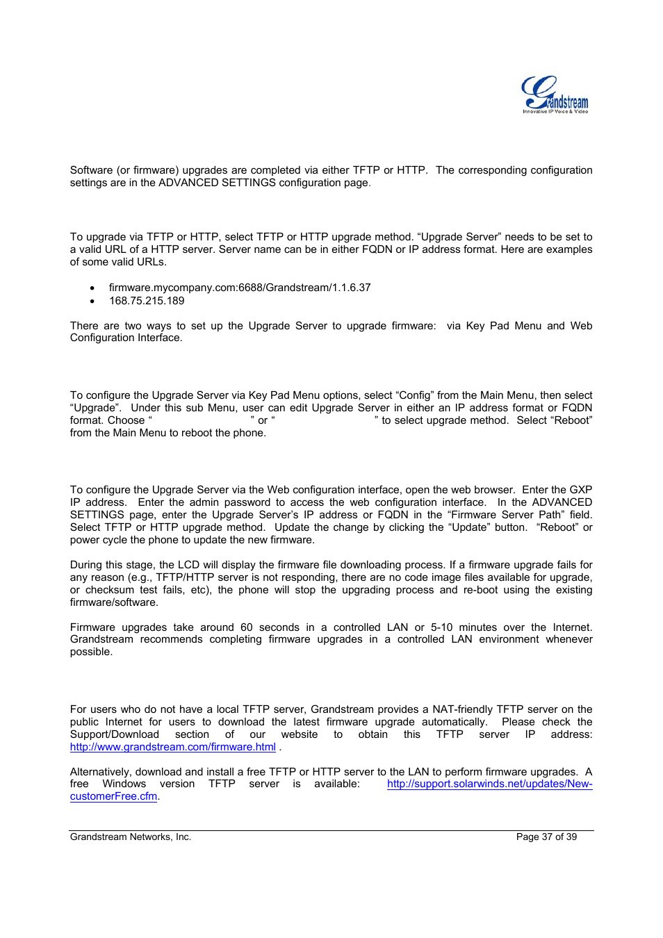 Software upgrade & customization, Key pad menu, Web configuration interface | No local tftp server | Grandstream Networks Grandstream GXP-1200 User Manual | Page 37 / 39