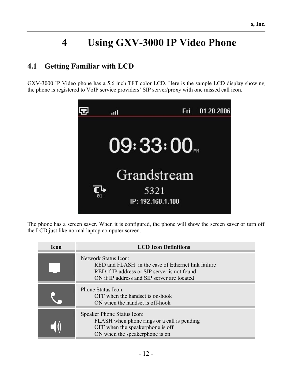 1 getting familiar with lcd | Grandstream Networks GXV-3000 User Manual | Page 12 / 62
