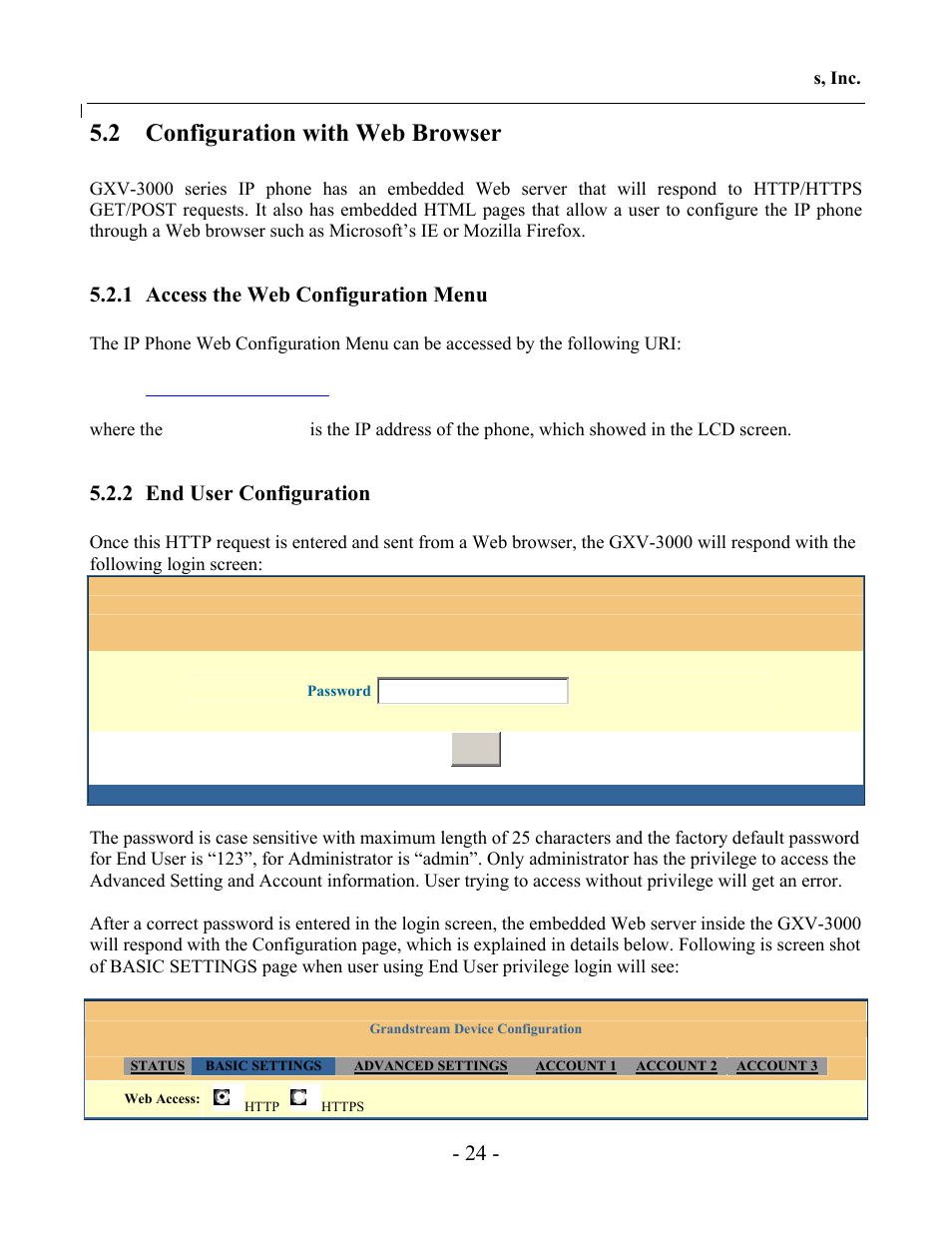 2 configuration with web browser, 1 access the web configuration menu, 2 end user configuration | Grandstream Networks GXV-3000 User Manual | Page 24 / 62