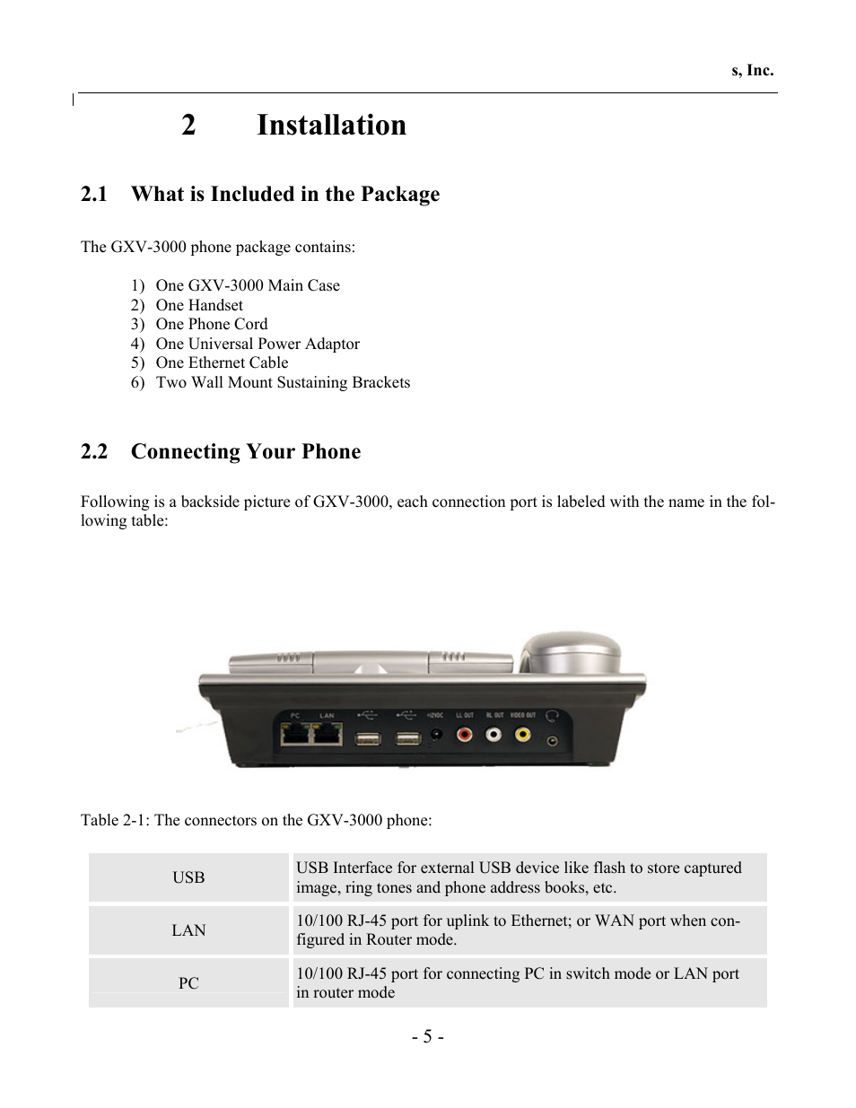 2installation, 1 what is included in the package, 2 connecting your phone | Grandstream Networks GXV-3000 User Manual | Page 5 / 62