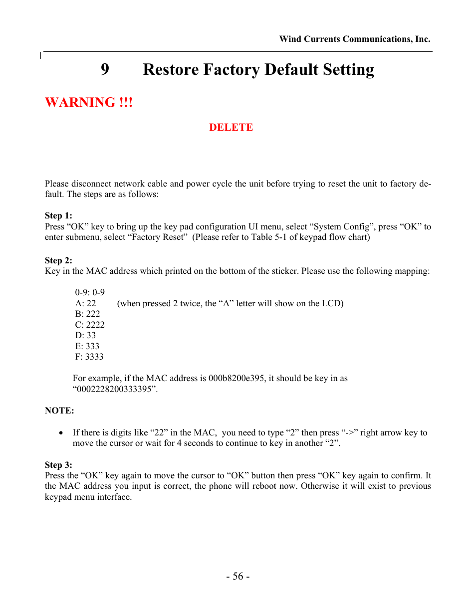 9restore factory default setting, Warning | Grandstream Networks GXV-3000 User Manual | Page 56 / 62