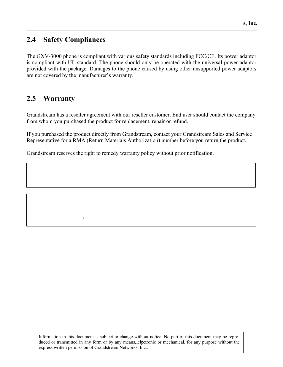 4 safety compliances, 5 warranty | Grandstream Networks GXV-3000 User Manual | Page 7 / 62