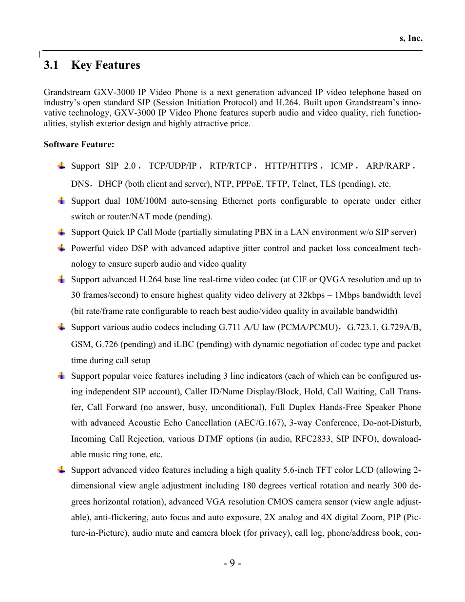 1 key features | Grandstream Networks GXV-3000 User Manual | Page 9 / 62