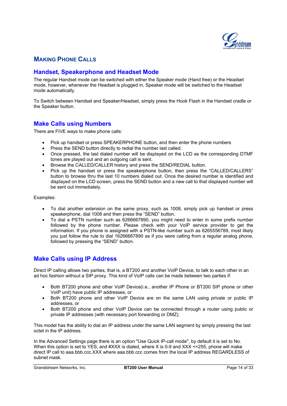 Handset, speakerphone and headset mode, Make calls using numbers, Make calls using ip address | Grandstream Networks 200 User Manual | Page 14 / 33
