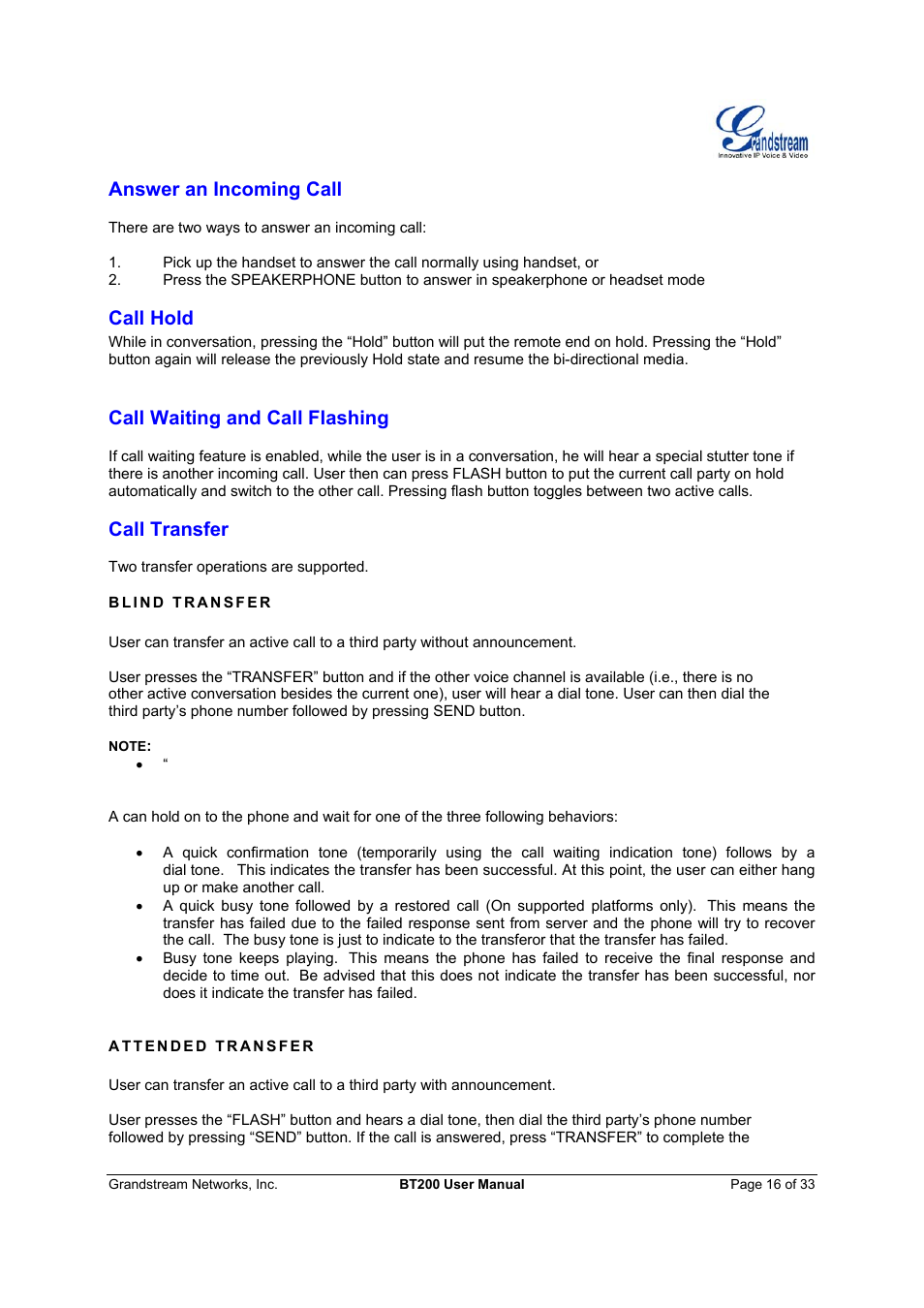 Answer an incoming call, Call hold, Call waiting and call flashing | Call transfer | Grandstream Networks 200 User Manual | Page 16 / 33