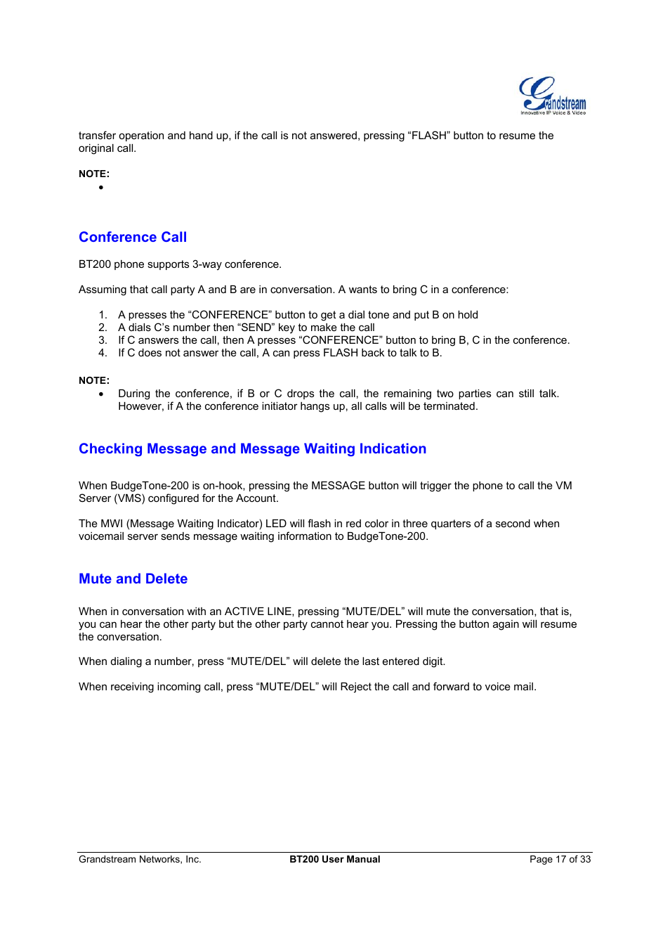 Conference call, Checking message and message waiting indication, Mute and delete | Grandstream Networks 200 User Manual | Page 17 / 33