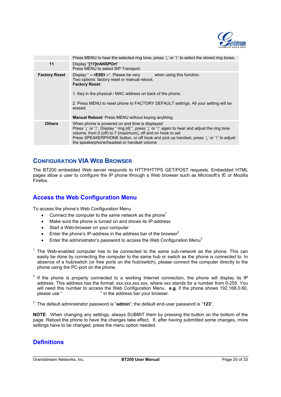 Access the web configuration menu, Definitions | Grandstream Networks 200 User Manual | Page 20 / 33