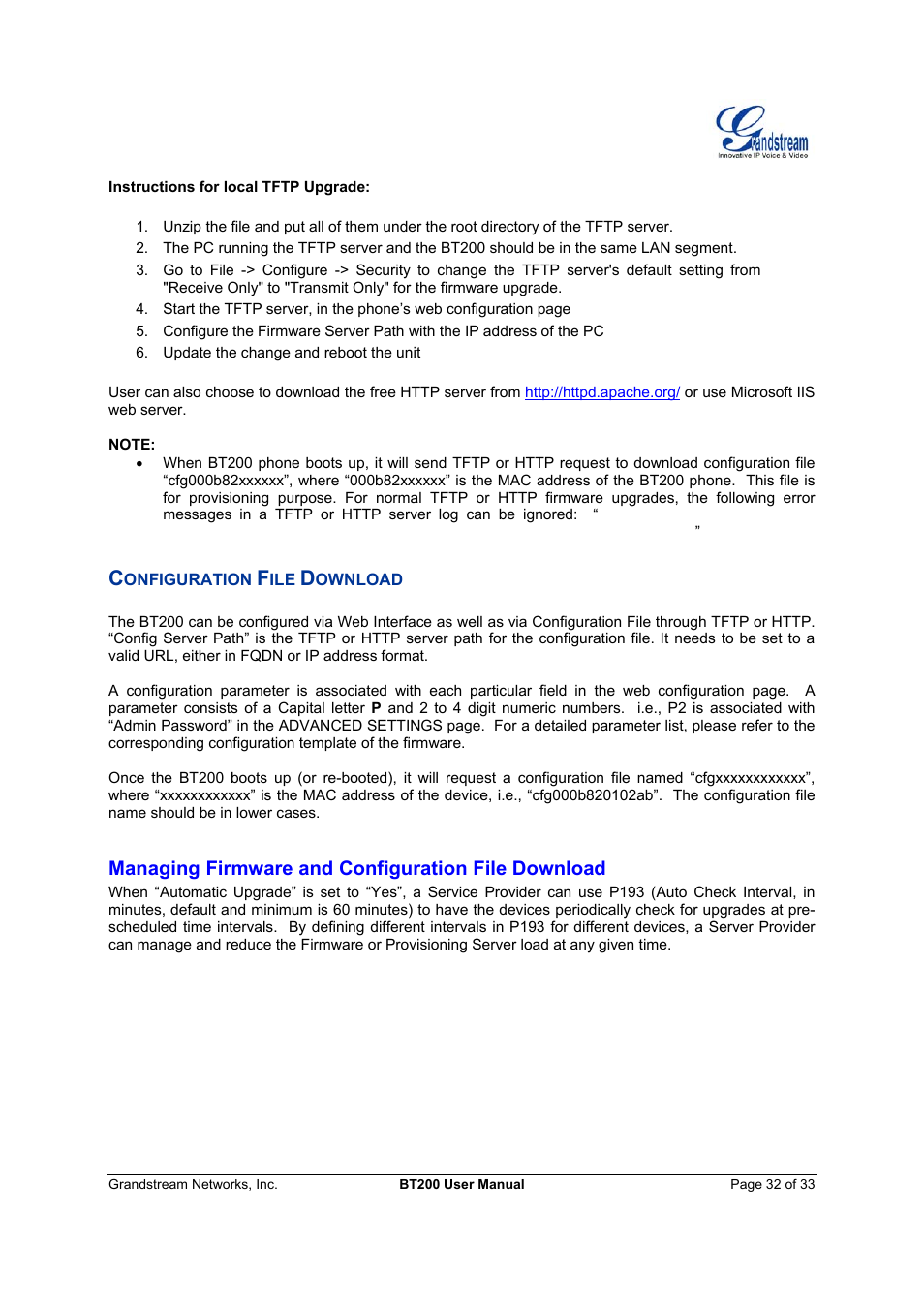 Managing firmware and configuration file download | Grandstream Networks 200 User Manual | Page 32 / 33