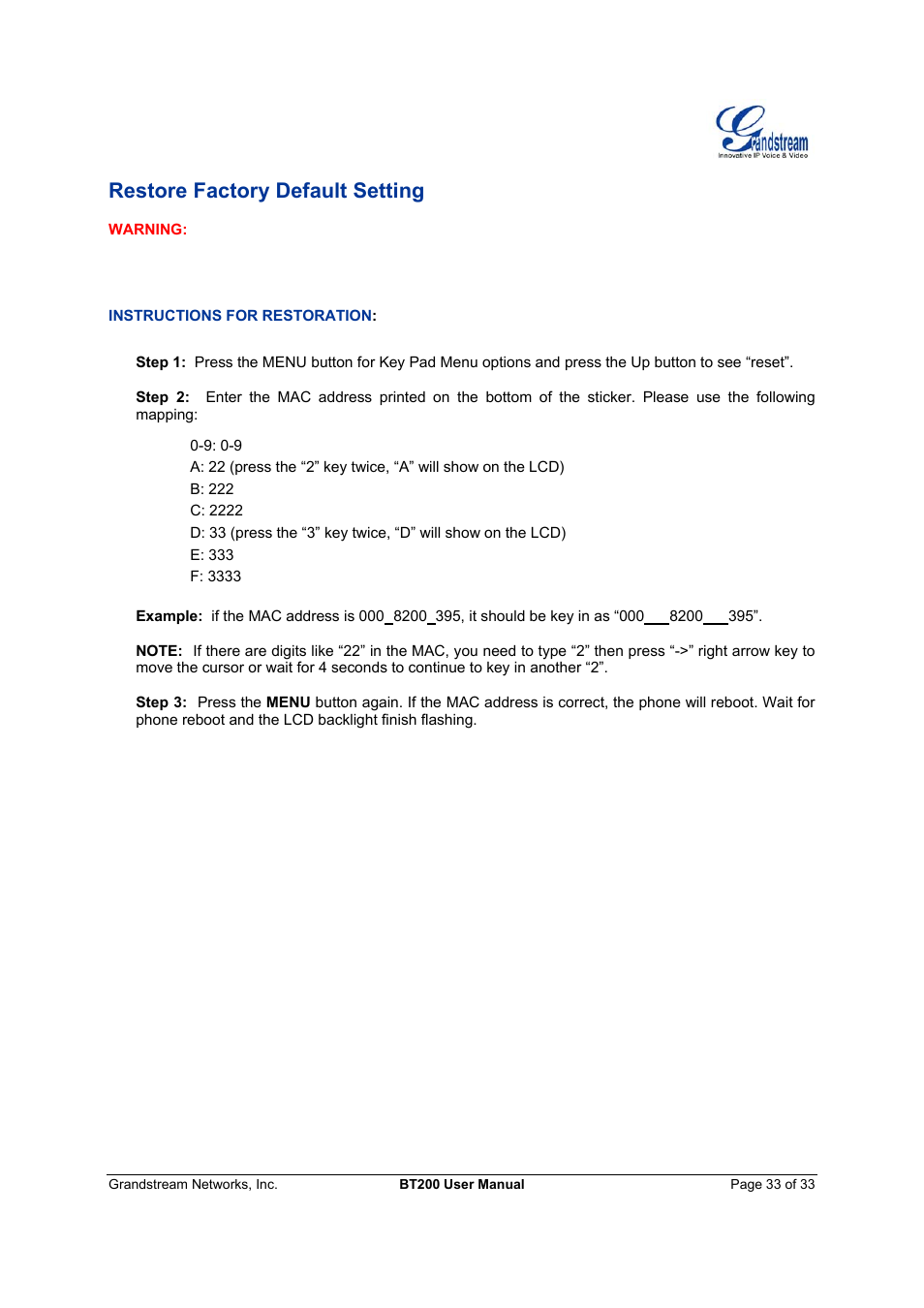Restore factory default setting | Grandstream Networks 200 User Manual | Page 33 / 33