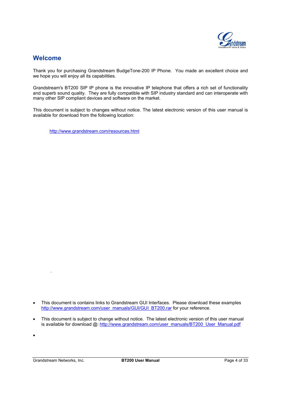 Welcome | Grandstream Networks 200 User Manual | Page 4 / 33